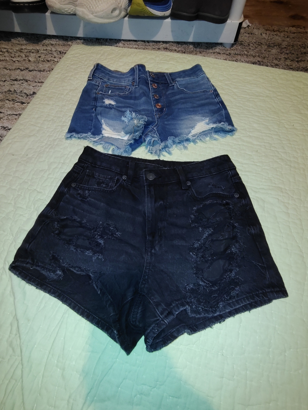 High-Rise Distressed Denim Shorts - Blue and Black